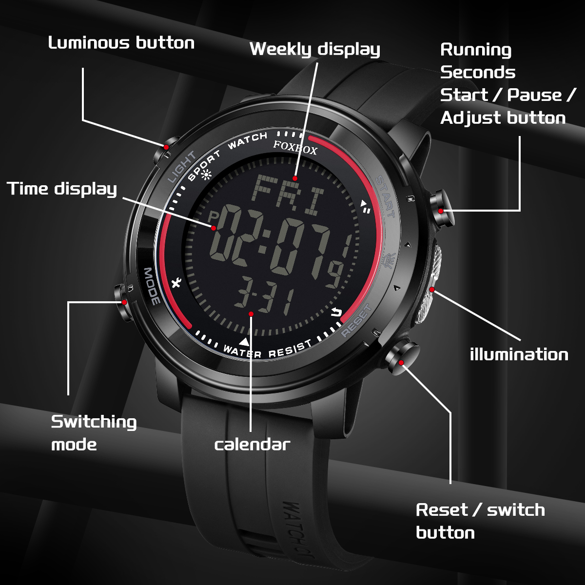 LIGE Fashion Multi functional Waterproof Men's Electronic Watch Calendar Flashlight Night Light Student Sports Watch