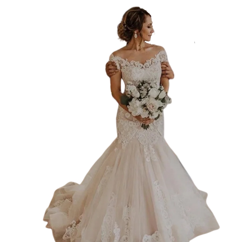Elegant Off Shoulder Mermaid Wedding Dresses Appliques Ivory Lace Beige Tulle Bridal Wedding Gowns Plus Size Bride Dress Vestido De Noiva