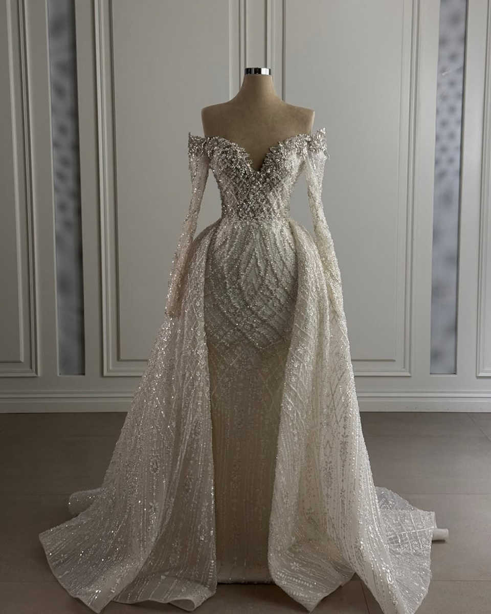 A-e Wedding Dress For Women Sequins Crystal Off Shoulder Long Sleeves Bridal Gown Detachable Train Dresses Customized Vestido De Novia