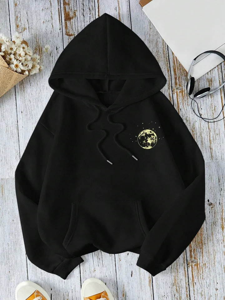 hoodies with different moon prints front and back printed casual fashionable Y2K womens clothing high street 250121