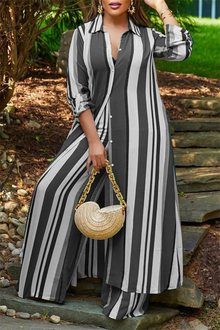 Plus Size Striped Print Suit Women Chubby Long Blouse Crop Top 2023 Autumn Female Elegant Cloth Two Piece Matching Set 250122
