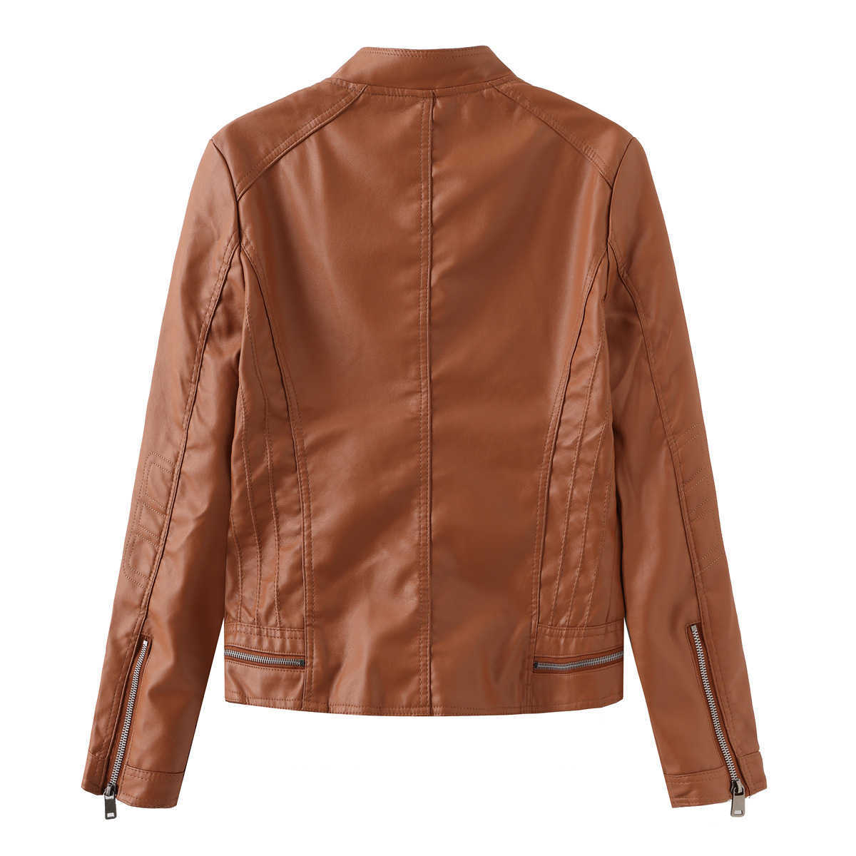 Casual Leather Jacket Spring and Autumn Womens Leather Coat Long Sleeve Zipper Stand Neck Coat Womens Leather Womens Jacket 241209