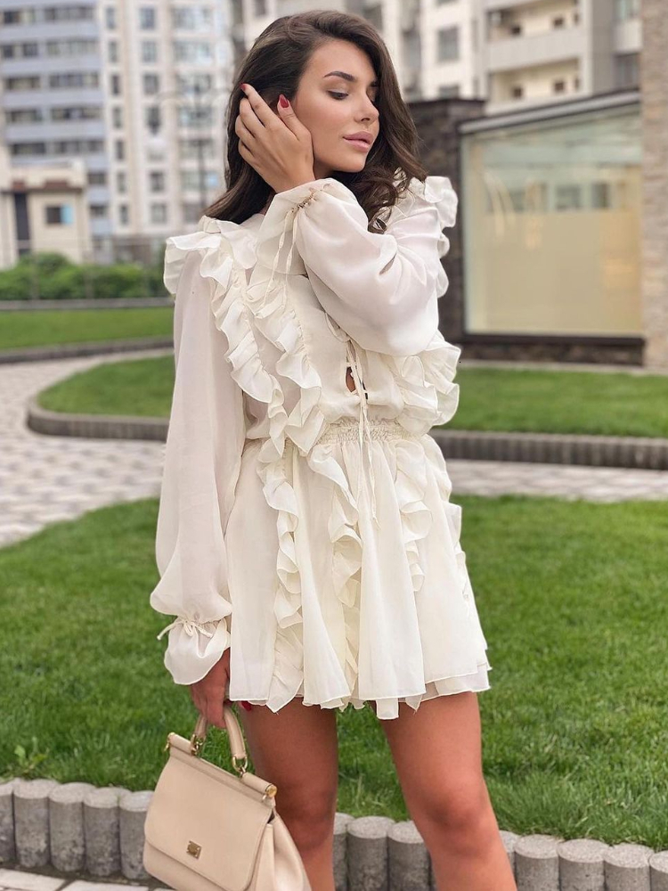 TARUXY Sheer Lace Mesh Women Fashion Deep V Neck Bandage Ruffle Oversized Shirt Dress Femme Elegant Sexy Cover-Up Woman