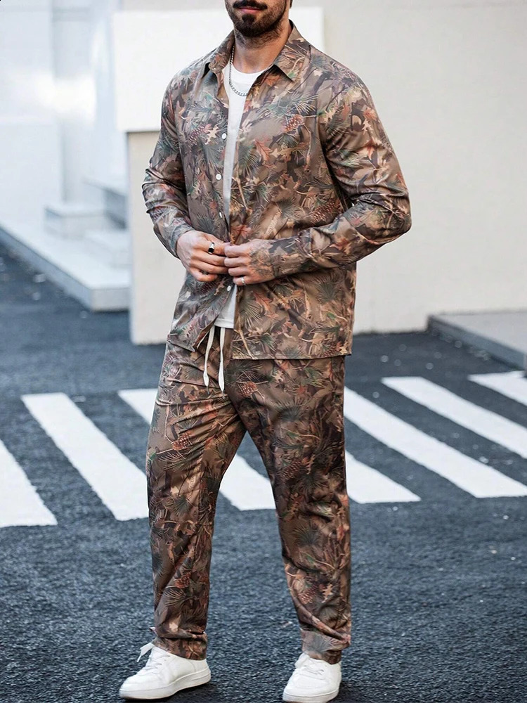 Trendy Mens Loose Two Piece Suits Vintage Pattern Printed Long Sleeve Shirt And Pants Sets Men 2025 Spring Autumn Casual Outfits 250109