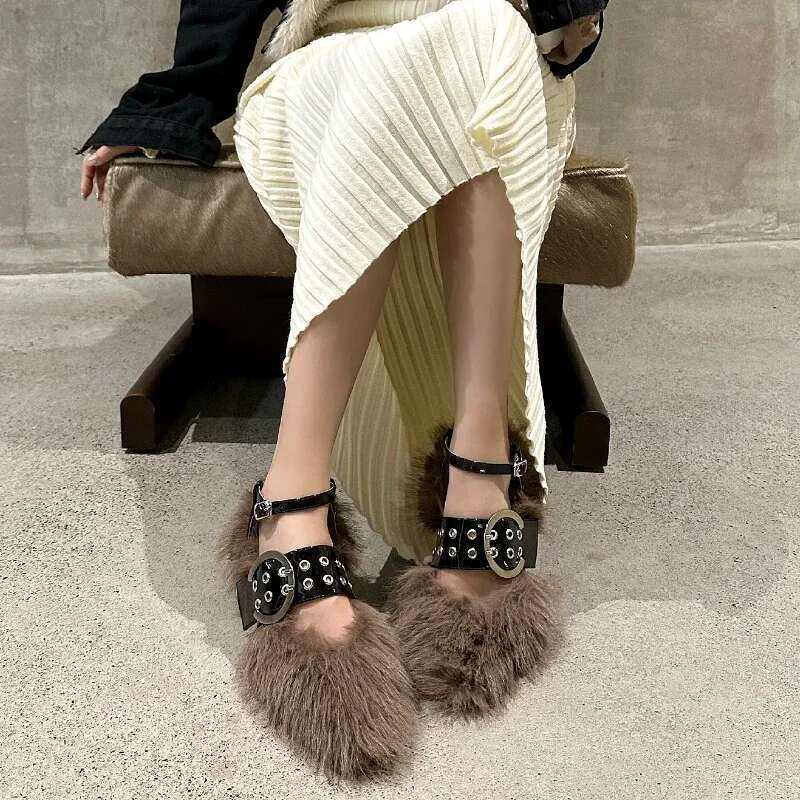 Designer Faux Fur Pumps Women Pointed Toe Sexy Street Style Dress Shoes Ladies Rivet Belt Buckle Brand Fluffy High Heels