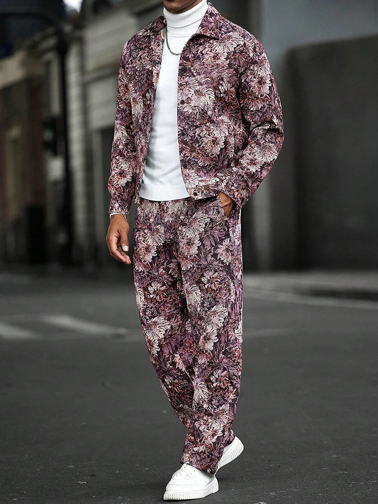 Trendy Mens Loose Two Piece Suits Vintage Pattern Printed Long Sleeve Shirt And Pants Sets Men 2025 Spring Autumn Casual Outfits 250109