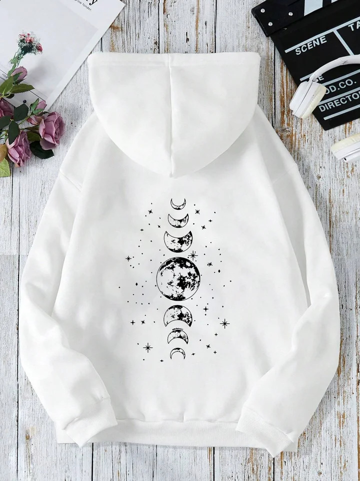 hoodies with different moon prints front and back printed casual fashionable Y2K womens clothing high street 250121