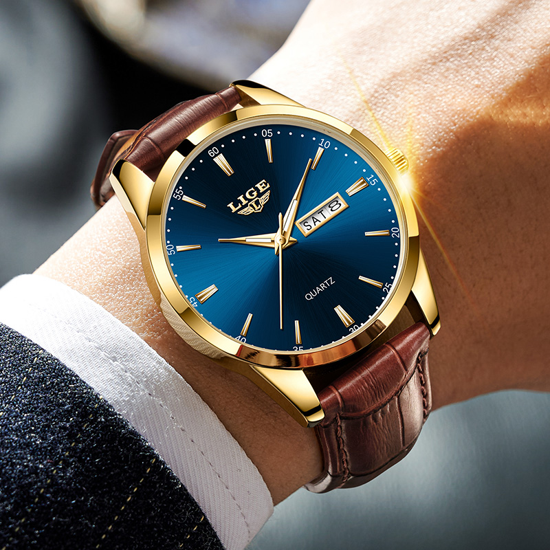 LIGE Classic Quartz Watch Three Pin Double Calendar Ultra Thin Dial Business Men's Watch Waterproof Watch
