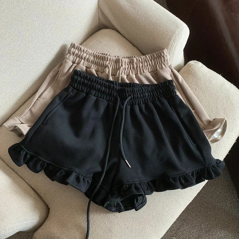 Oversized Casual Shirring Shorts Women Clothing Simplicity Ruffles Solid Color Elastic Waist Wide Leg Pants Summer Loose Pants 250122