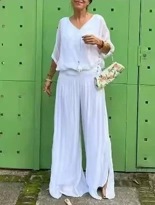 2025 Spring Chiffon Women Rompers V-neck Short Sleeve Loose Wide-Leg Rompers Female Summer Elegant Casual Trendy Ladies Clothes 250116