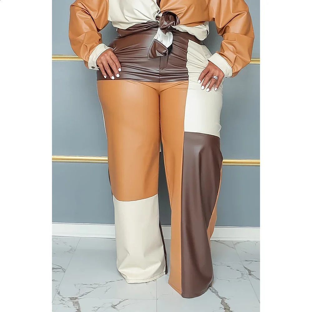 Plus Size Womens Pant Suit Brown Tunic Patchwork PU Leather Fashion Commuting Two Piece 250122