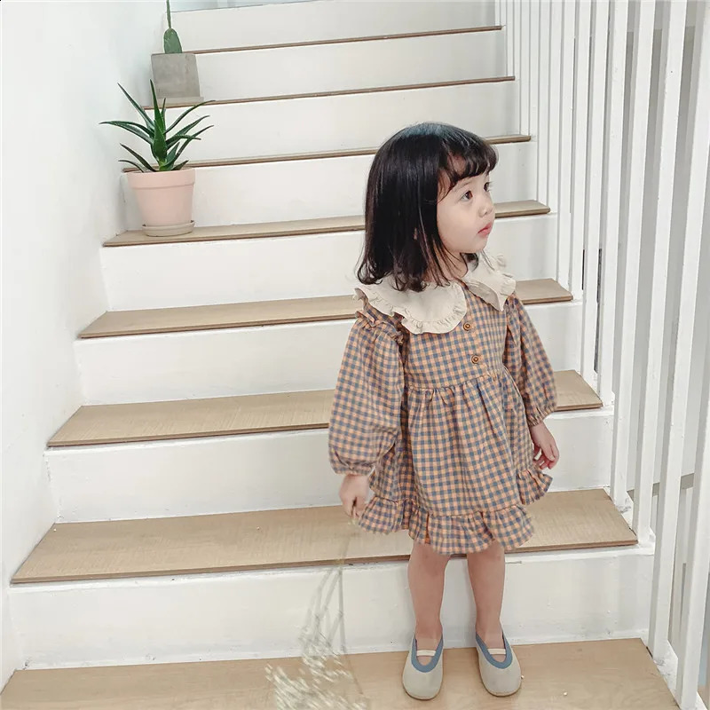 Spring Summer Girls Clothing Cute Children Dresses Kids Baby Girl Plaid Cotton Linen Lapel Collar Dress Long Sleeve Skirt 250120