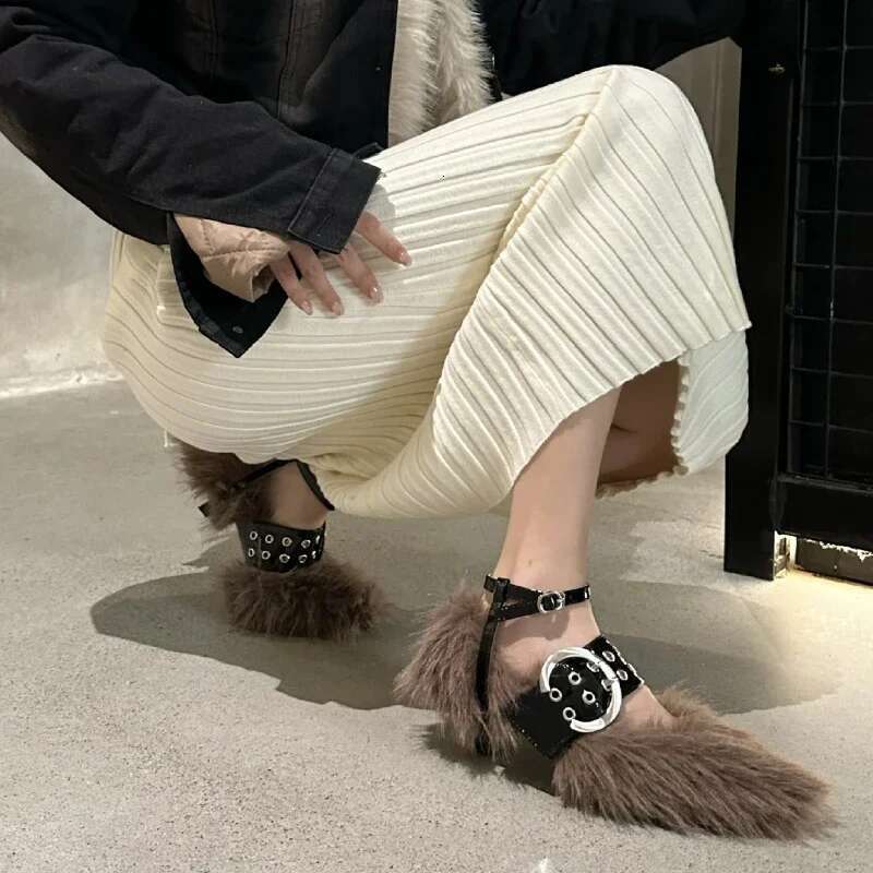 Designer Faux Fur Pumps Women Pointed Toe Sexy Street Style Dress Shoes Ladies Rivet Belt Buckle Brand Fluffy High Heels