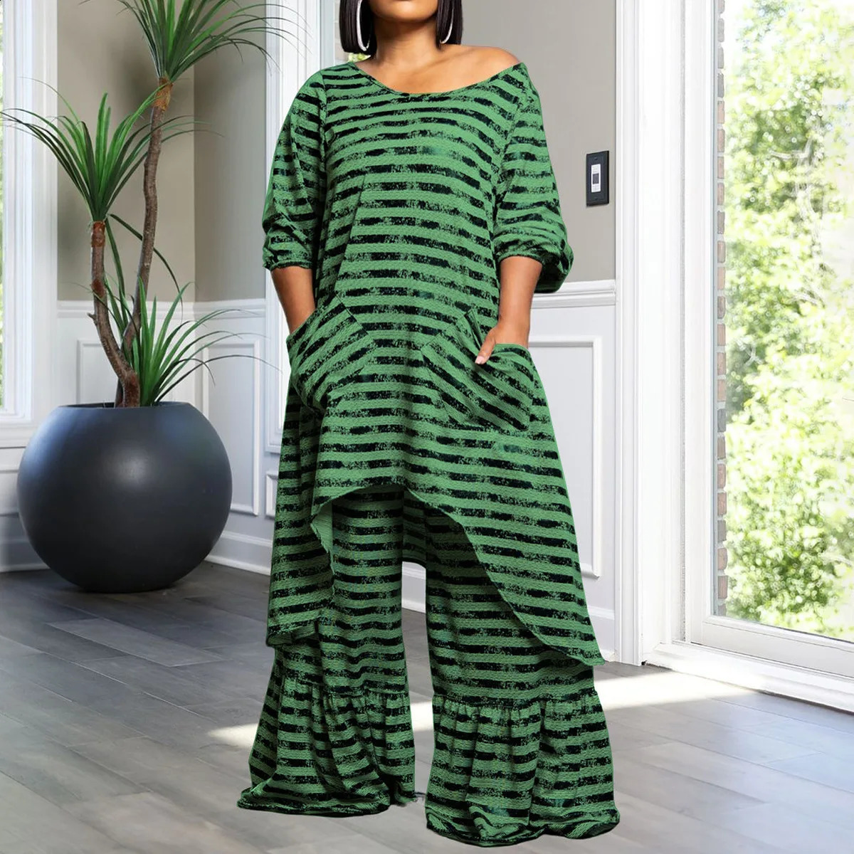 Plus Size Striped Two Piece Pant Set Irregular Long Shirt Casual n Loose Outfit 2024 Autumn Women Large Matching Sets 250122