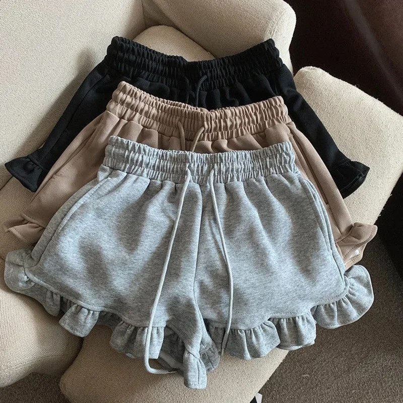 Oversized Casual Shirring Shorts Women Clothing Simplicity Ruffles Solid Color Elastic Waist Wide Leg Pants Summer Loose Pants 250122