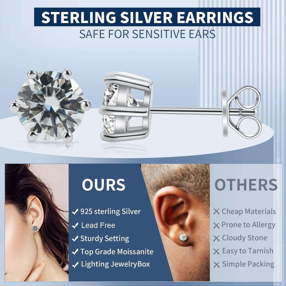 pass dia tester VVS1 D color moissanite earrings designer for women sterg sier 6 prong stud earring plated gold jewelry woman valentines day gift