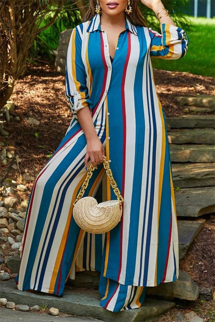 Plus Size Striped Print Suit Women Chubby Long Blouse Crop Top 2023 Autumn Female Elegant Cloth Two Piece Matching Set 250122