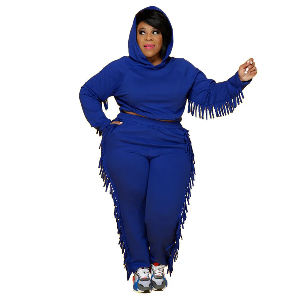 Plus Size Sets for Women 5xl Fall Urban Leisure Cool Clear Color Street Wear Loose Tassel Fashion Hooded Wholesale Drop 250122