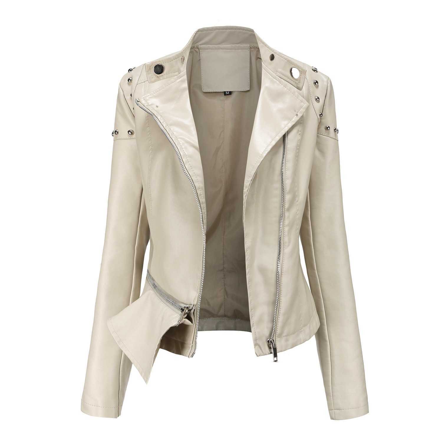 New Rivet Fashion Standing Collar Leather Coat Womens Solid Color Jacket Womens Spring and Autumn Coat Womens Rivet Leather Coat Womens Leather Womens