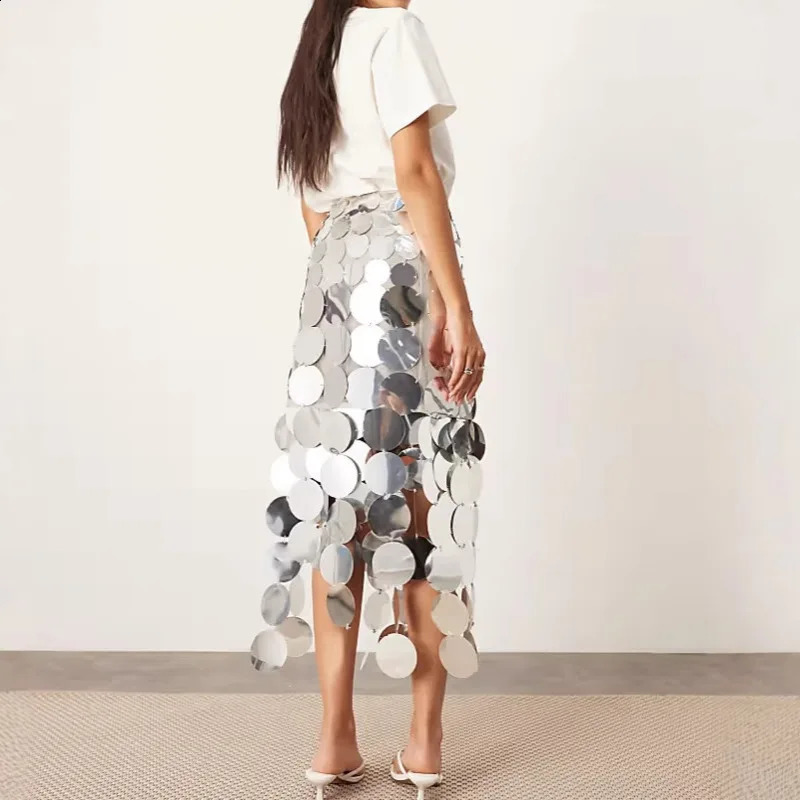 DEAT Fashion Hollow Out Sequins High Waist Solid Color Skirts For Women Trendy Circular Disc Skirt 2025 Spring 33A2406 250110