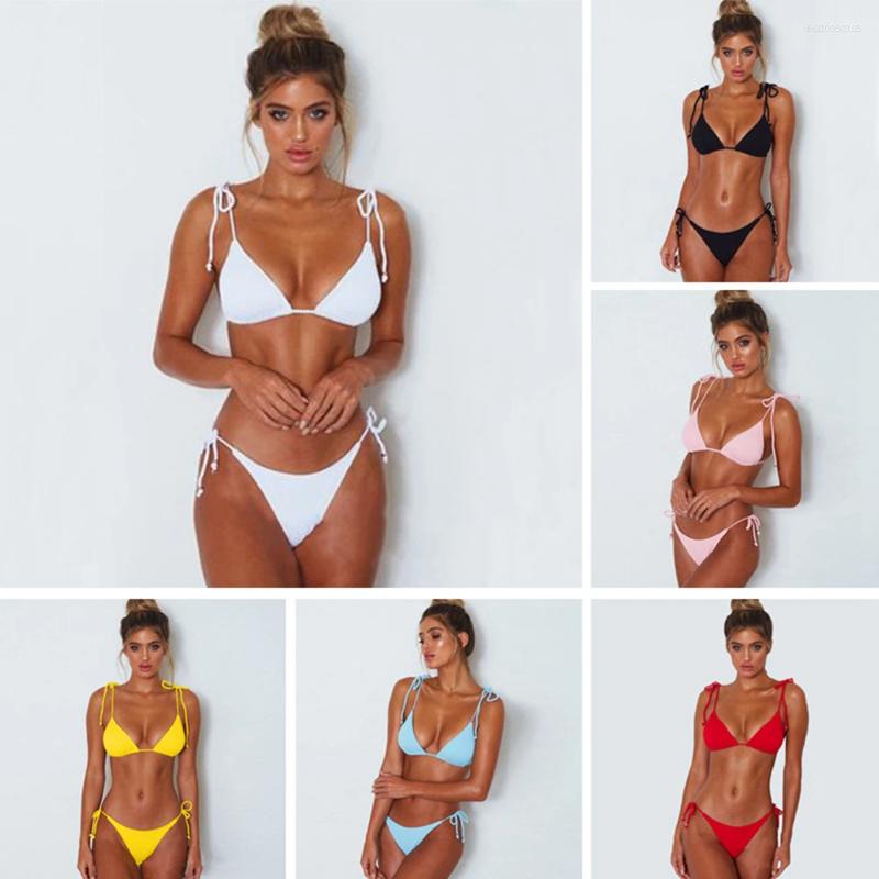 Women's Swimwear Pit Stripe Fabric Swimsuit Sexy Thong Bikini Women White/Blue/Black/Pink/Yellow/Red Solid Rope Beach Bathing Suit 2025