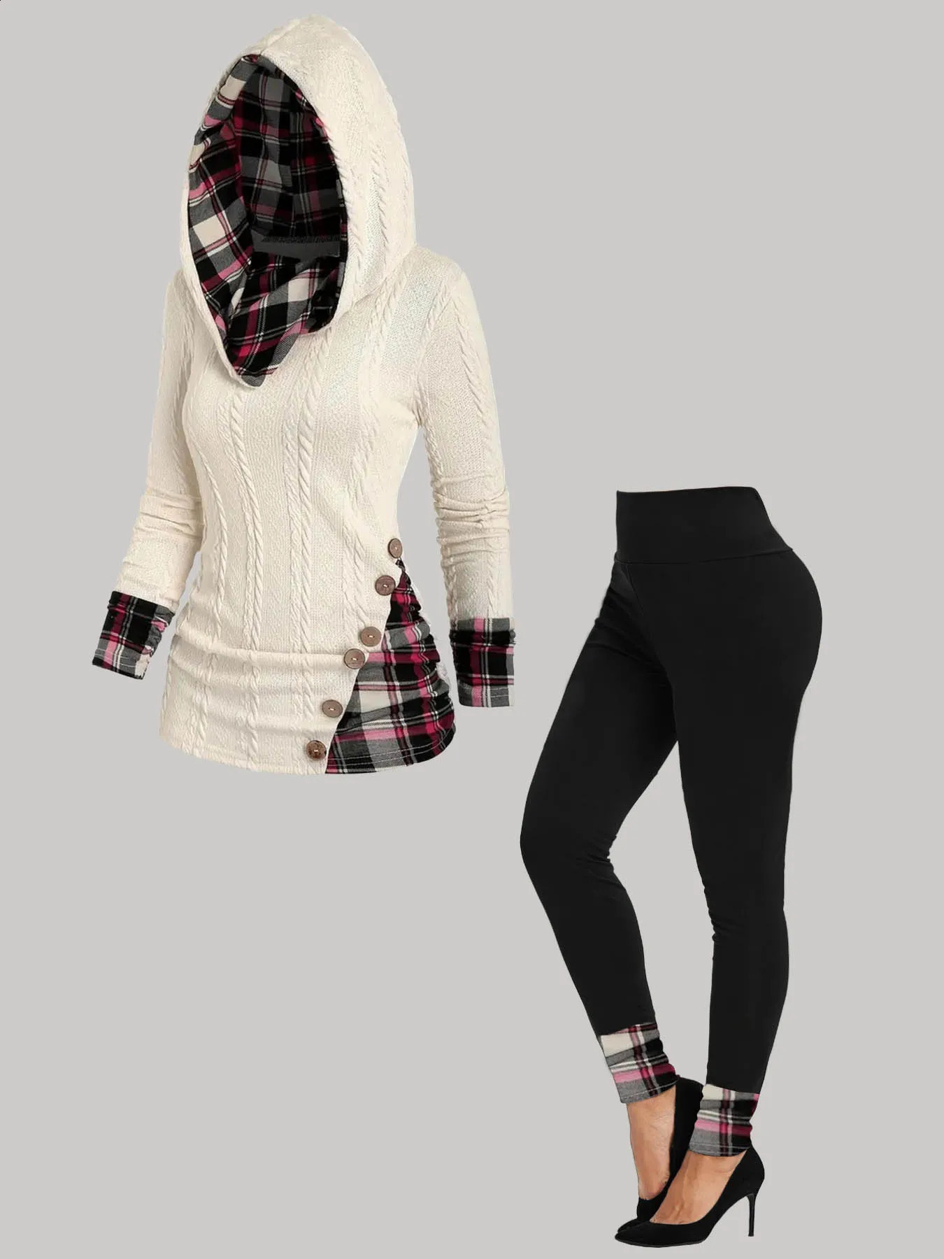 Plus Size Womens Suit Hooded Sweatshirts Colorblock Plaid Print Hoodie Drawstring Textured Tops Long Pants Twopiece Set 250122