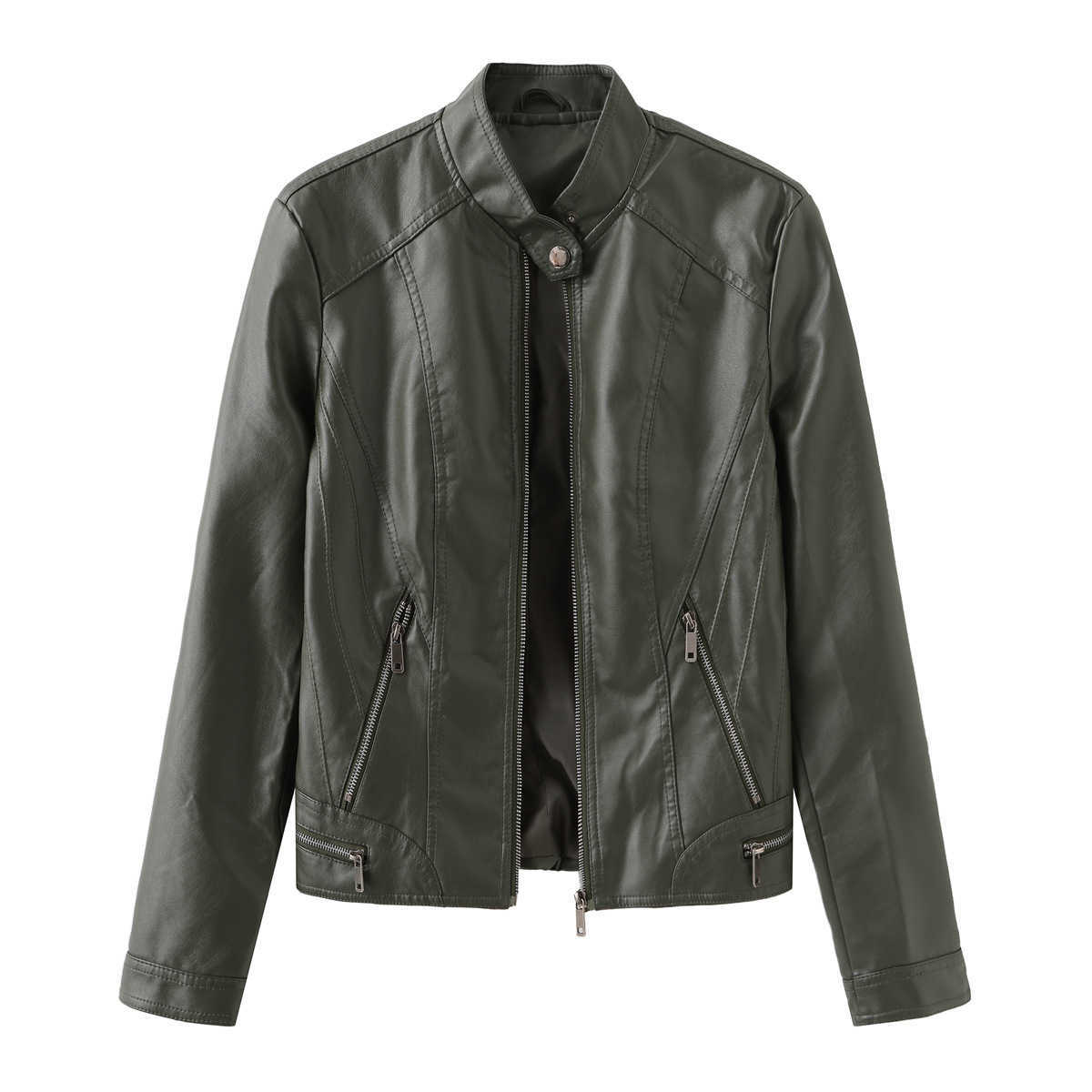 Casual Leather Jacket Spring and Autumn Womens Leather Coat Long Sleeve Zipper Stand Neck Coat Womens Leather Womens Jacket 241209