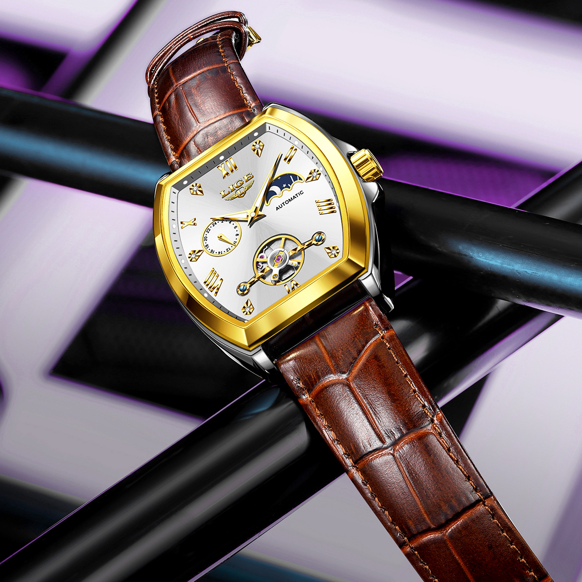 LIGE Men's Tourbillon Mechanical Watch Multi functional Waterproof Night Light Watch Fashion Business Watch