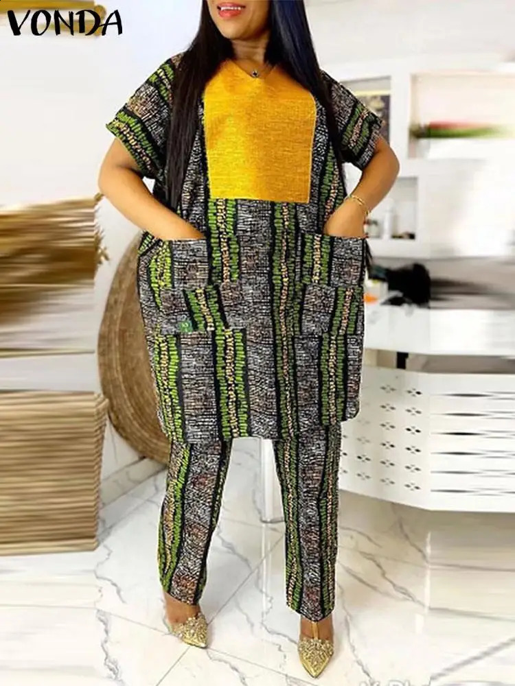 VONDA Plus 5XL Womens Elegant Pants Set 2024 Printed Patch Work Clothes Mens Retro Top and Wide Leg Matching 250122