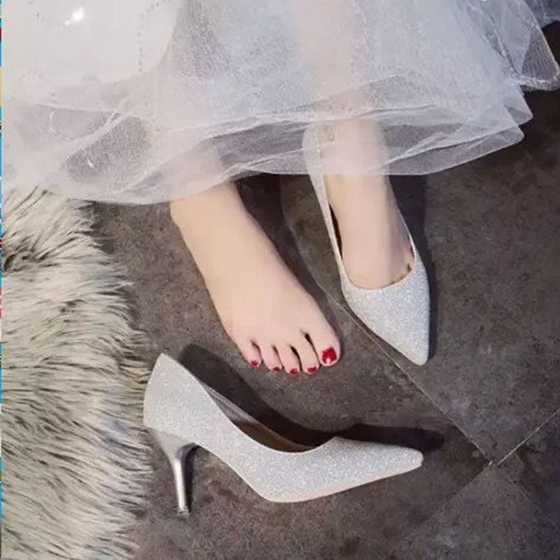 33-45 Extra Large Professional Work High Women's Wedding Shoes Shallow Mouth Fine Heels Sparkle Pointed Sexy Crossdressing Fake Girl