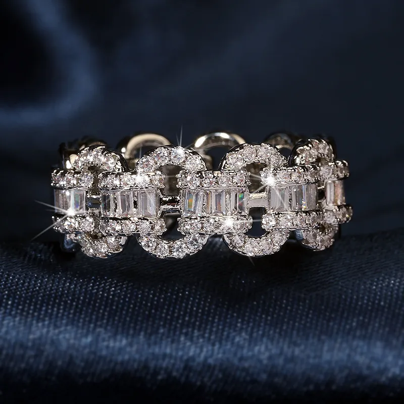 Luxurious Geometric Designer Crystal Love Band Ring with Hollow Charm - Moissanite Engagement Jewelry