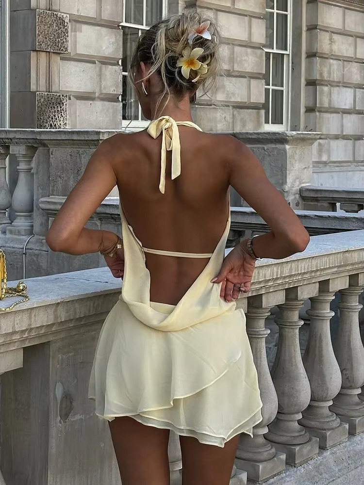 TARUXY Draped Sexy Backless Halter Mini Women's Elegant See Through Deep V Neck Lace Up Mesh Holiday Beach Female Dress
