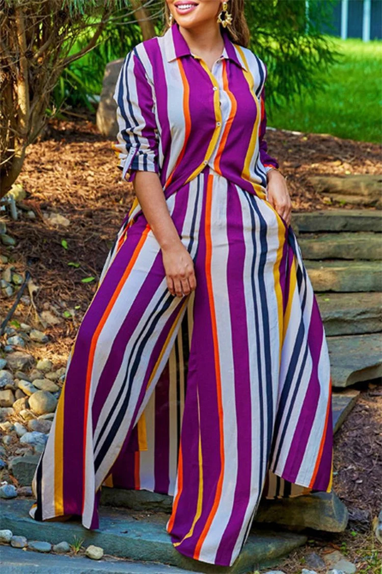 Plus Size Striped Print Suit Women Chubby Long Blouse Crop Top 2023 Autumn Female Elegant Cloth Two Piece Matching Set 250122