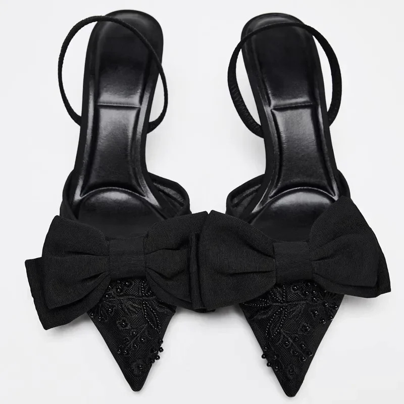 Brand Designer Thin High Heels Women Bow String Bead Pointed Slingback Mules Pumps Mesh Embroider Elegant Dress Sandals Female 250117BJ - view 3
