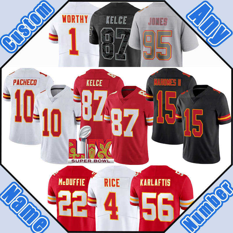 Patrick Mahomes Football Jerseys Travis Kelce Chiefss Nick Bolton Isiah Pacheco Rashee Rice Felix Anudike-Uzomah Clyde Edwards-Helaire Trent McDuffie Chris Jones