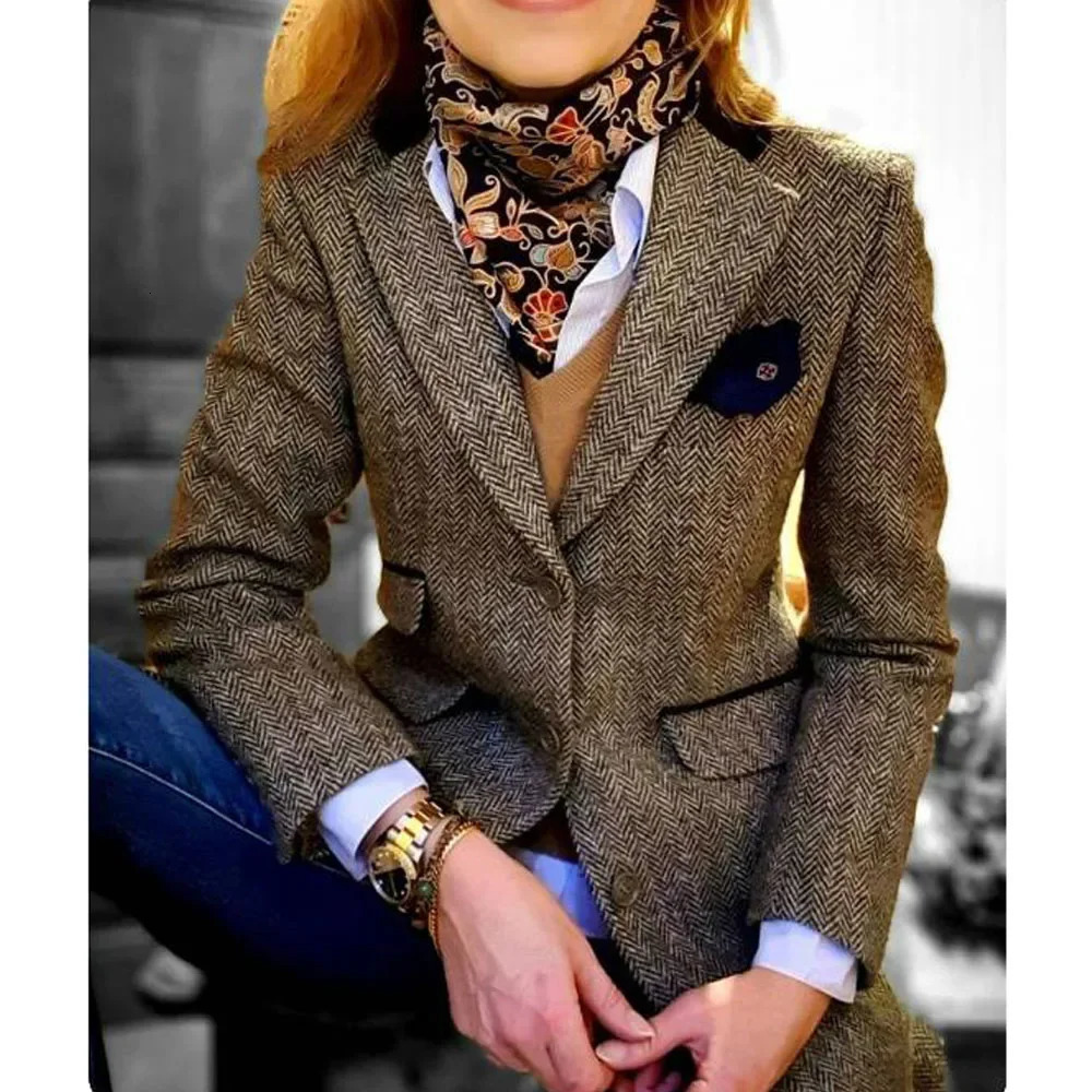 Only Jacket 1 Piece Womens Outerwears Herringbone Blazer Set Lapel Flap Pocket Suits Outerwear Singlebreasted 250114