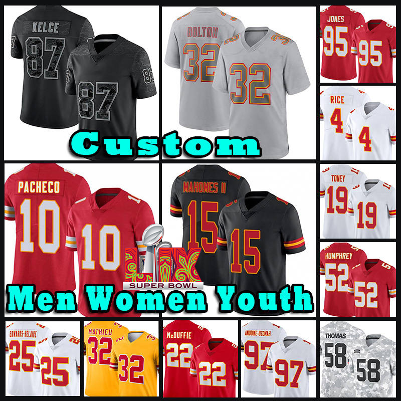 15 Patrick Mahomes 87 Travis Kelce Football Jerseys 32 Nick Bolton 10 Isiah Pacheco Trent McDuffie Rashee Rice Felix Anudike-Uzom Chris Jonesah Derrick Thomas Ross