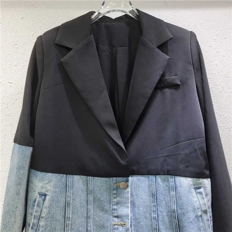 DEAT Womens 2 Pcs Set Single Breasted Patchwork Denim Blazer High Waist Straight Suit Pants 2025 Spring Fashion 29L9383 250114Z