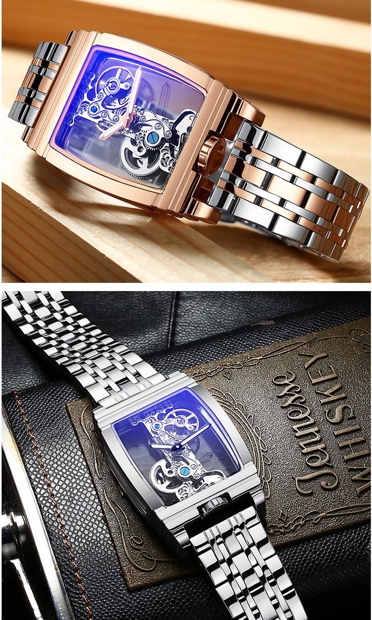 Desda's new barrel-shaped net celebrity square transparent full hollow flywheel mechanical waterproof watch free shipping