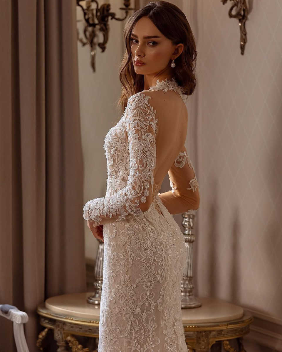 Classic Mermaid Wedding Dresses For Women Sheer Neck Long Sleeves Backless Gown Sequins Appliques Detachable Train Customized Dress