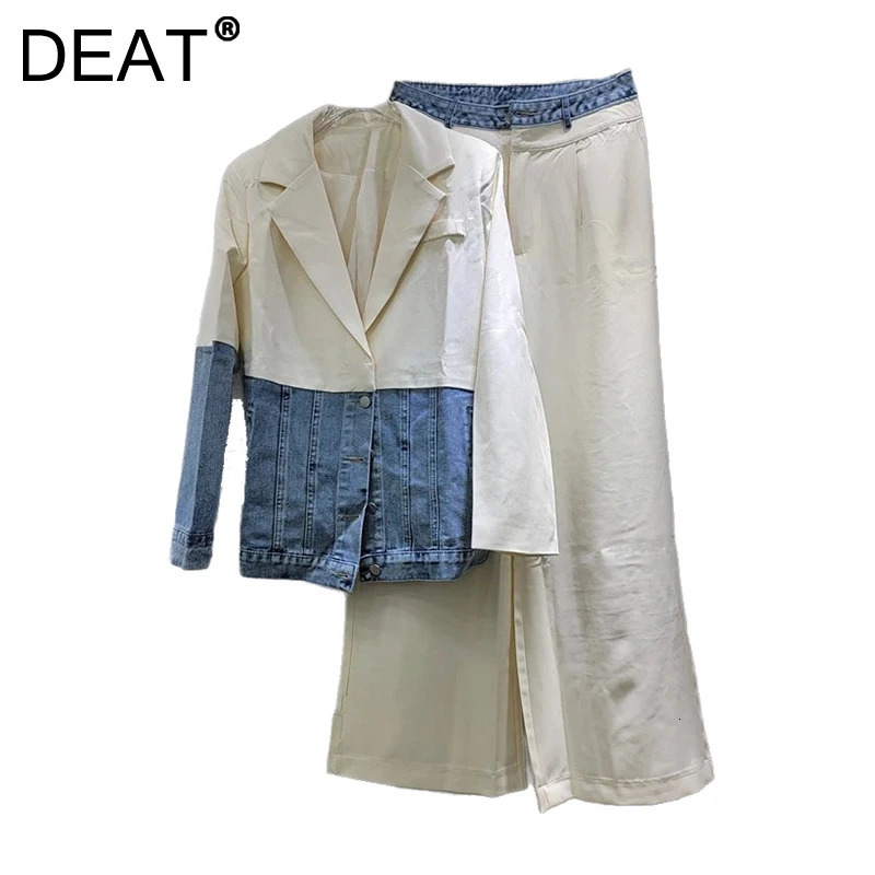 DEAT Womens 2 Pcs Set Single Breasted Patchwork Denim Blazer High Waist Straight Suit Pants 2025 Spring Fashion 29L9383 250114Z