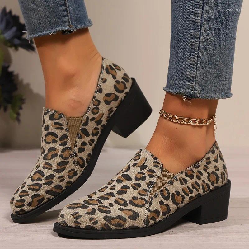 Dress Shoes Spring And Autumn Fashion Women's Loafers Large Size Casual Medium Heel Pointed Toe Leopard Print Color Slip-On zhanyishengli