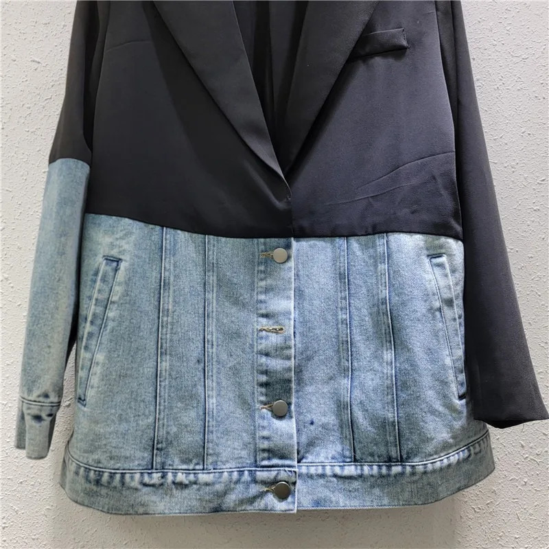 DEAT Womens 2 Pcs Set Single Breasted Patchwork Denim Blazer High Waist Straight Suit Pants 2025 Spring Fashion 29L9383 250114Z