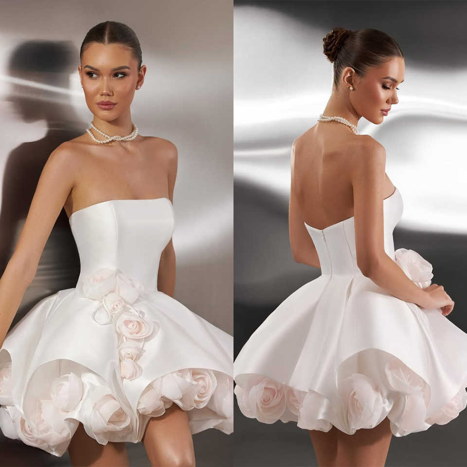 Designer Mini Evening Dresses Strapless Sleeveless Gown 3D Floral Appliques Short Prom Party Dress Custom Made