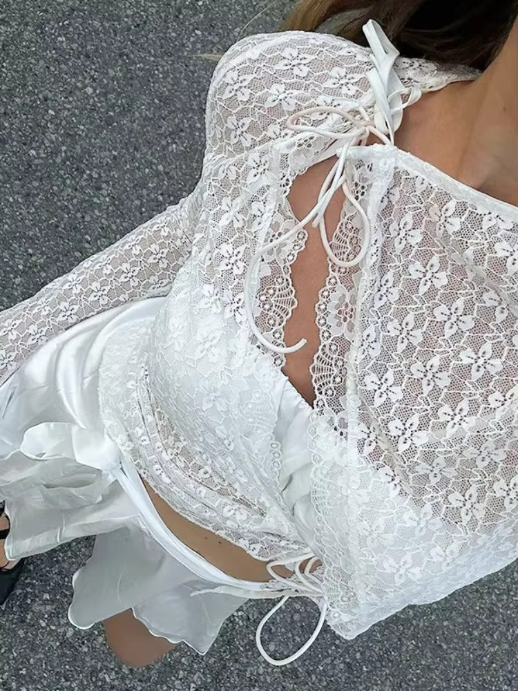 TARUXY New Long Sleeve Lace Hollow Cardigan Top Sexy Through Slim Fit Hot Girl Bandage Solid Color Female Club Party Y2k T Shirt