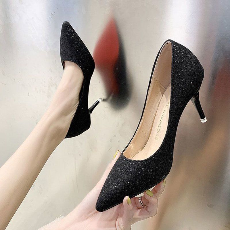33-45 Extra Large Professional Work High Women's Wedding Shoes Shallow Mouth Fine Heels Sparkle Pointed Sexy Crossdressing Fake Girl