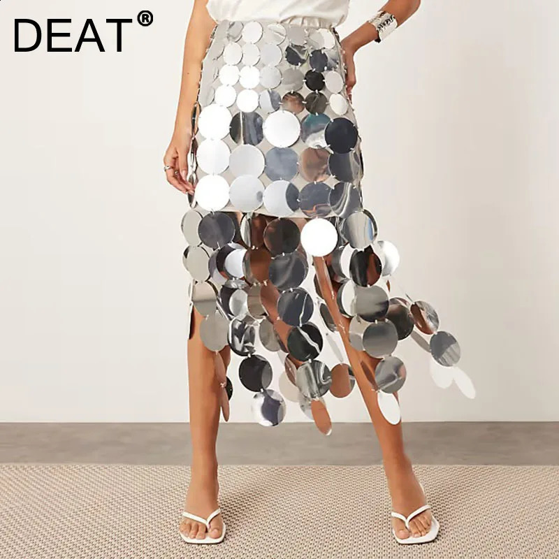 DEAT Fashion Hollow Out Sequins High Waist Solid Color Skirts For Women Trendy Circular Disc Skirt 2025 Spring 33A2406 250110