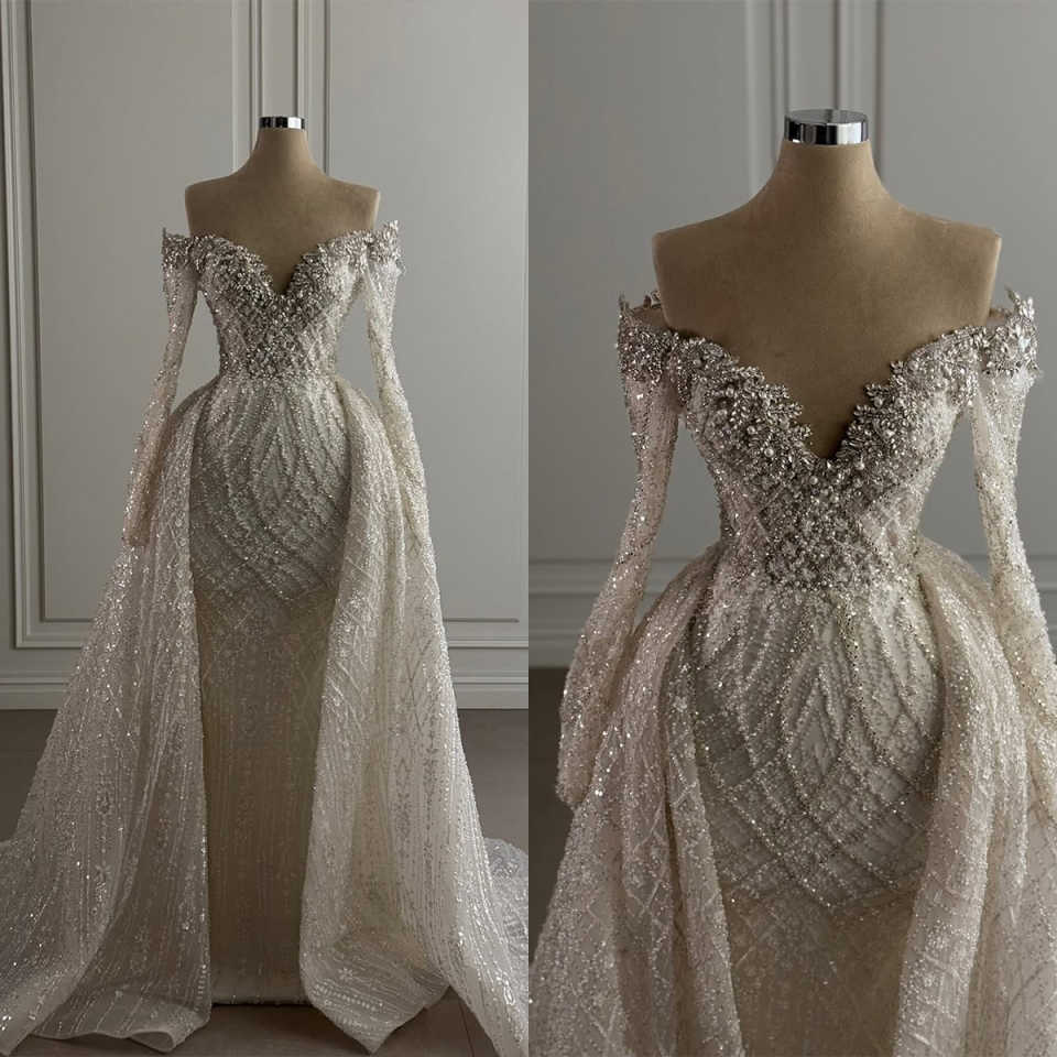 A-e Wedding Dress For Women Sequins Crystal Off Shoulder Long Sleeves Bridal Gown Detachable Train Dresses Customized Vestido De Novia