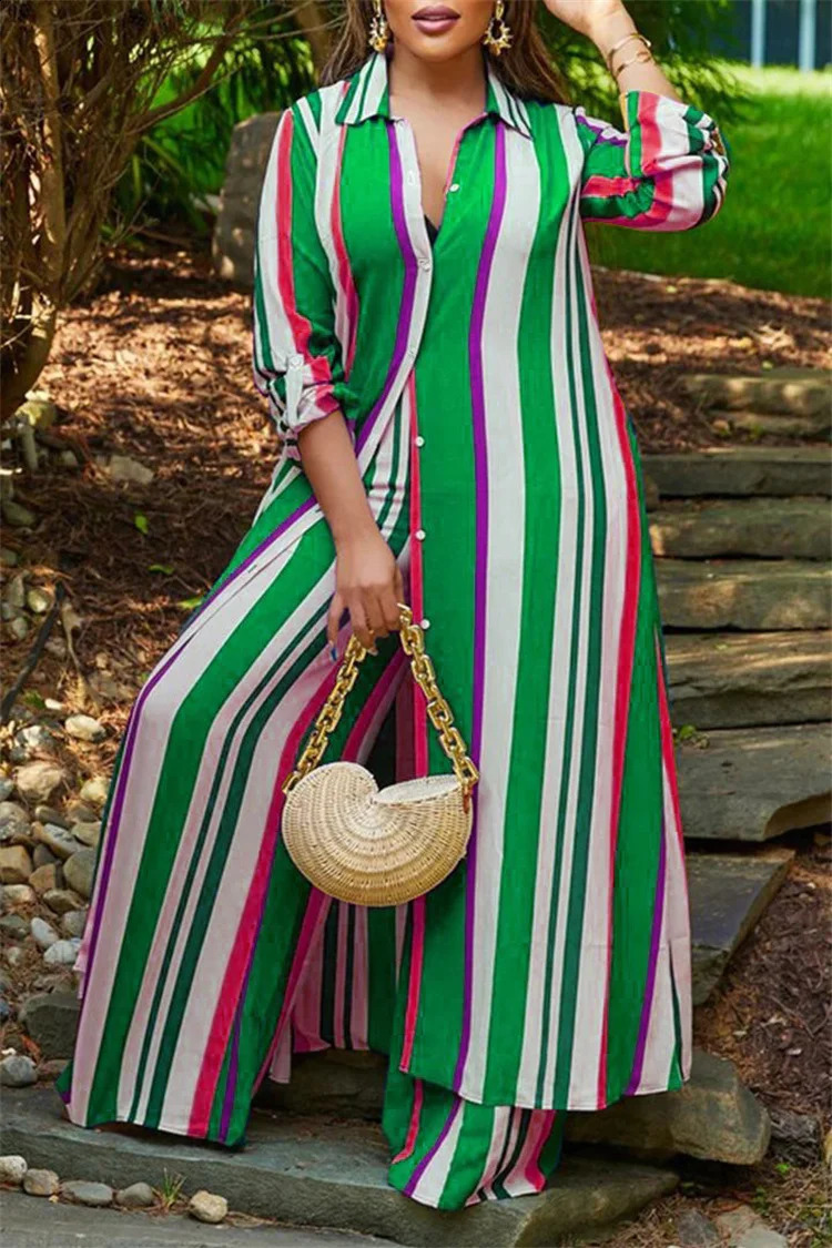 Plus Size Striped Print Suit Women Chubby Long Blouse Crop Top 2023 Autumn Female Elegant Cloth Two Piece Matching Set 250122