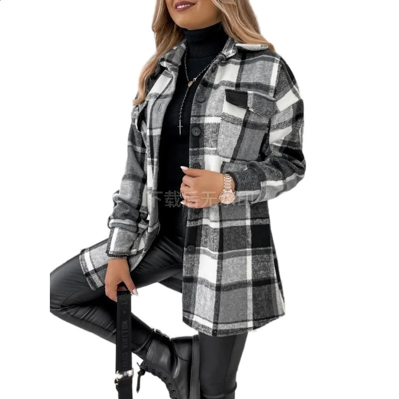 Autumn and Winter Womens Fashionable Long Sleeved Single Breasted Plaid Printed Shirt Collar Woolen Jacket 250120wtt